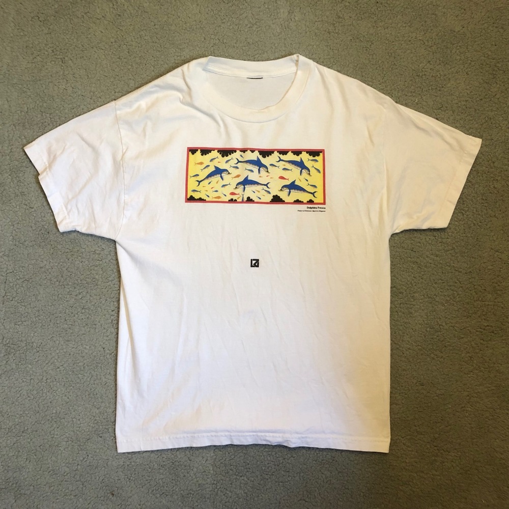 Vintage Dolphins Fresco Palace at Knossos Art Graphic T-Shirt White Mens Large